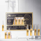 Sadoer 24K Golden Ampoule Serum 7-day kit for Harram Store, featuring 7 pieces of 2ml ampoules with real gold foil particles and Niacinamide for anti-aging and skin brightening. Barcode: 6926923601329