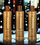 Professional-grade Brasil Cacau Cadiveu Brazilian Thermal Keratin 3-step kit in 300ml bottles. Includes Anti Residue Shampoo, Thermal Reconstruction, and Deep Conditioning Mask designed for salon-only use to achieve permanent hair smoothing and frizz-free results. Barcode: 7898947734354. Genuine Brazilian formula for expert hair fiber reconstruction available at Harram Store.
