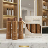 Professional-grade Brasil Cacau Cadiveu Brazilian Thermal Keratin 3-step kit in 300ml bottles. Includes Anti Residue Shampoo, Thermal Reconstruction, and Deep Conditioning Mask designed for salon-only use to achieve permanent hair smoothing and frizz-free results. Barcode: 7898947734354. Genuine Brazilian formula for expert hair fiber reconstruction available at Harram Store.