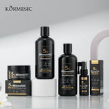 Kormesic 5% Minoxidil with Biotin Hair Care Set in luxury dark gift box. Displays 5 percent Minoxidil shampoo 300ml, conditioner 300ml, scalp massage cream 100g, and targeted scalp spray serum 30ml with barcode 6942581730102. Available online in Pakistan at Harram Store.