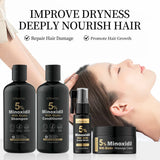 Kormesic 5% Minoxidil with Biotin Hair Care Set in luxury dark gift box. Displays 5 percent Minoxidil shampoo 300ml, conditioner 300ml, scalp massage cream 100g, and targeted scalp spray serum 30ml with barcode 6942581730102. Available online in Pakistan at Harram Store.