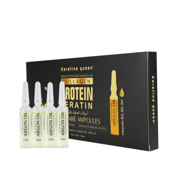 Available at Harram Store The Keratine Queen Hair Care Ampoules (10x13ml) – collagen protein keratin argan oil treatment for severely damaged hair in glass vials, repair split ends and add shine. Barcode:  5060518887307
