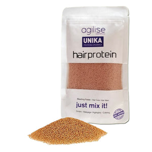 Agilise Unika Hair Protein packaging with barcode 7898953204087. Product benefits include damage control, restoration of protein balance, and thickening of hair strands. Ideal for protecting hair from the harmful effects of coloring and bleaching