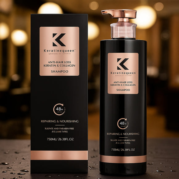 Keratine Queen Anti Hair Loss Shampoo 750ml - keratin & collagen sulfate-free shampoo for hair growth and breakage prevention in white bottle with blue accents. Barcode: 5061058055003