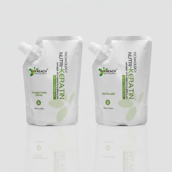 Bio-Reach Professional Nutri-Keratin Straightening Cream (A), a white 400ml pouch infused with Keratin and Argan Oil for permanent hair straightening. Barcode: 0796258932063.