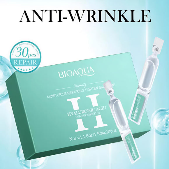 A box of Bioaqua Hyaluronic Acid Moisturise Repairing Sub-Polish Serum, containing 30 single-use 1.5ml ampoules. The text highlights its deep hydration, barrier repair, and anti-wrinkle benefits. The barcode for the product is 6975239996476