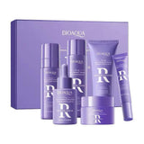 Bioaqua Anti Wrinkle Tighten High Moisture Retinol Skin Gift Box 6 piece set in luxurious purple packaging. Displays 45% Retinol and 5% Hyaluronic Acid features, containing cleanser 100g, toner 120ml, eye cream 20g, serum 30ml, lotion 80ml, and repair cream 60g with official barcode 6942349718816. Available online in Pakistan at Harram Store