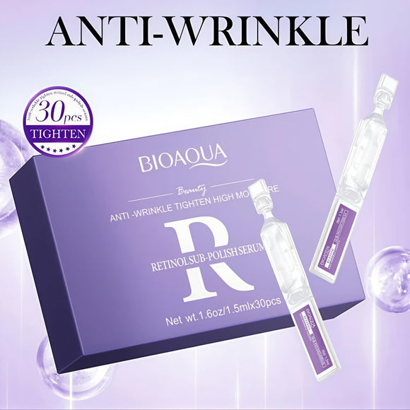 A box of Bioaqua Retinol Anti-Wrinkle Tighten Sub-Polish Serum, containing 30 single-use 1.5ml ampoules. The text highlights its anti-aging, firming, and moisturizing benefits. The barcode for the product is 6975239996483