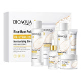 Bioaqua Rice Raw Pulp Rejuvenating Moisturizing Six-Piece Suit including rice cleanser, toner, essence, lotion, eye cream, and face cream, identified by barcode 6941349379713
