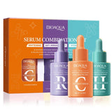 Bioaqua Serum Combination Set, including Vitamin C Serum (30ml), Retinol Serum (30ml), and Hyaluronic Acid Serum (30ml), offering a powerful skincare solution for whitening, anti-wrinkle, and hydration. Perfect for achieving a radiant, youthful, and hydrated complexion. Available at Harram Store. 6941349384052