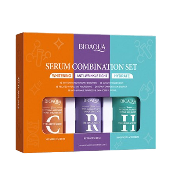 Bioaqua Serum Combination Set, including Vitamin C Serum (30ml), Retinol Serum (30ml), and Hyaluronic Acid Serum (30ml), offering a powerful skincare solution for whitening, anti-wrinkle, and hydration. Perfect for achieving a radiant, youthful, and hydrated complexion. Available at Harram Store. 6941349384052