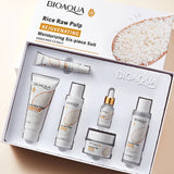 Bioaqua Rice Raw Pulp Rejuvenating Moisturizing Six-Piece Suit including rice cleanser, toner, essence, lotion, eye cream, and face cream, identified by barcode 6941349379713