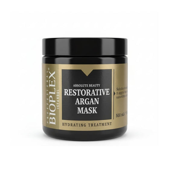 Bioplex Professional Istanbul Restorative Argan Mask, a black and gold 500ml jar of hydrating hair treatment. The label prominently features 'ABSOLUTE BEAUTY RESTORATIVE ARGAN MASK HYDRATING TREATMENT.' Barcode for this product is 8699300201327