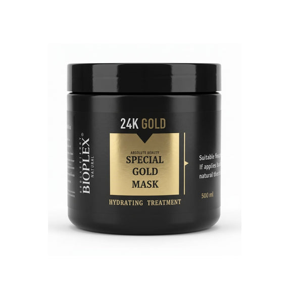 Bioplex Professional Istanbul Absolute Beauty Special Gold Mask, a black and gold 500ml jar of hydrating hair treatment. The label prominently features 'ABSOLUTE BEAUTY SPECIAL GOLD MASK HYDRATING TREATMENT' and '24K GOLD'. Barcode for this product is 8699300205721