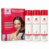 Bk Keraplex Nanoplastia Treatment Kit 252ml x 3 in luxury red box. Shows Step 1 Deep Cleaning Shampoo, Step 2 Premium Keratin Treatment, and Step 3 Moisturizing Hair Mask with barcode 5060972179635, available online in Pakistan at Harram Store.