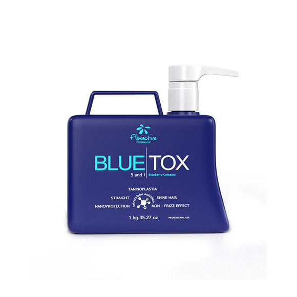 Floractive BlueTox Taninoplastia 5-in-1 Hair Treatment 1kg, with advanced Taninoplastia technology and violet pigments, designed to eliminate frizz, deeply hydrate, restore hair fibers, and neutralize unwanted orange and yellow tones in blonde and grey hair. Professional-grade formula for smooth, shiny, and manageable hair. Barcode: 7899627605346