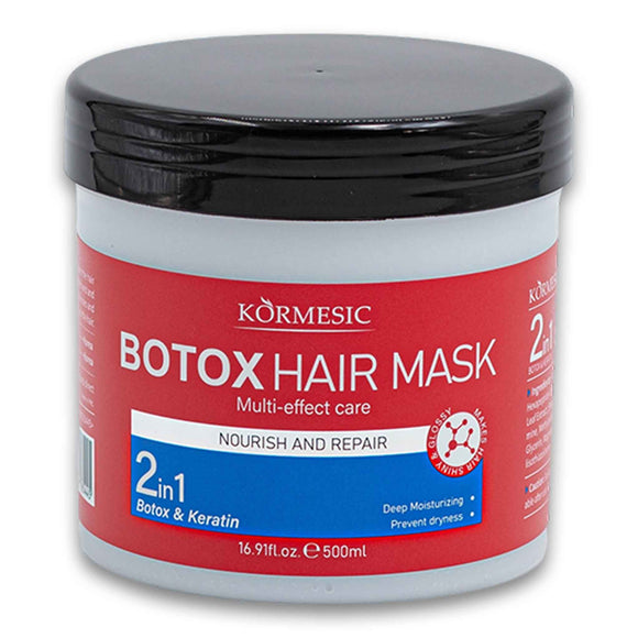 Kormesic Botox Hair Mask (500ml), a white jar with a red label, providing 2-in-1 deep care with Botox and Keratin for nourishment, shine, and repair. The mask offers multi-effect care including deep moisturizing and frizz reduction. Barcode: 6942349765445
