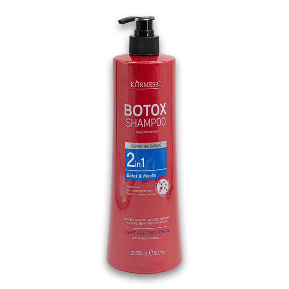 Kormesic Botox & Keratin Light Smoothing Shampoo (2-in-1), a large red 800ml pump bottle designed to repair damage and reduce frizz. Suitable for fine hair. Barcode: 6942349765421