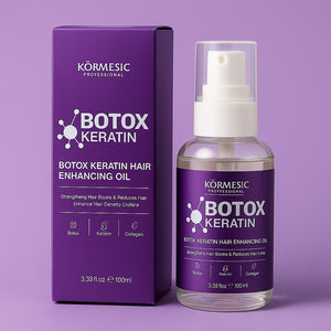 Kormesic Botox Keratin Hair Enhancing Oil (100ml) in a clear glass pump bottle with a gold label, displayed on a salon-style marble background. The label highlights "Botox" and "Keratin" for deep nourishment, frizz-control, and hair strengthening. Barcode: 6942349760327