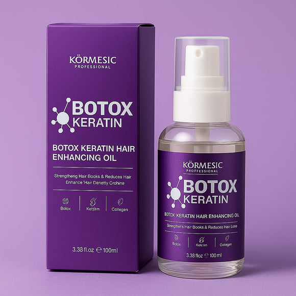 Kormesic Botox Keratin Hair Enhancing Oil (100ml) in a clear glass pump bottle with a gold label, displayed on a salon-style marble background. The label highlights 