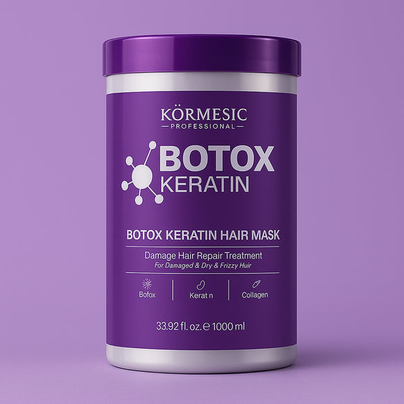 Kormesic Professional Botox Keratin Hair Mask (1000ml/1kg) in a white jar with a purple and gold label. The mask is an intensive treatment for damaged, dry, and frizzy hair, enriched with Keratin and Collagen. Barcode visible on the packaging is 6976504686405