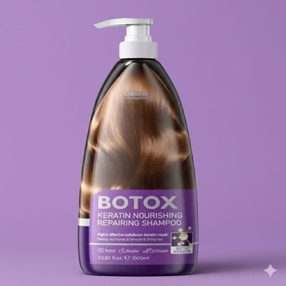 Kormesic Professional Botox Keratin Nourishing Repairing Shampoo (1000ml) bottle. The large purple bottle has a brown-haired model image and white and purple text. Product is for damaged and frizzy hair, focusing on keratin and collagen repair. Barcode visible on the back label is 6942349766053