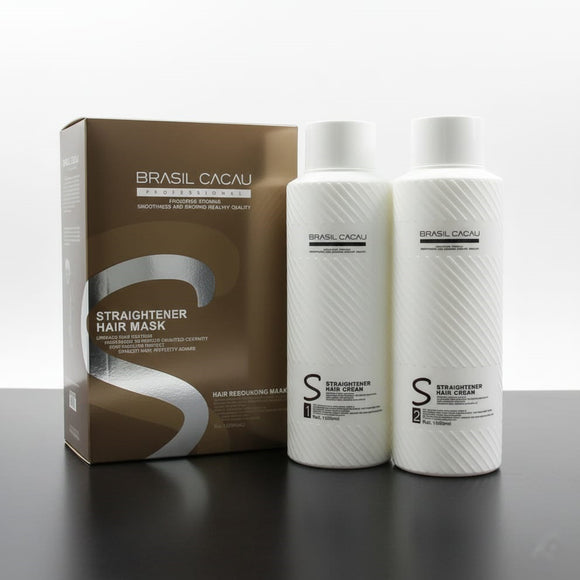 Brasil Cacau Professional Hair Straightener Mask and Rebounding Kit. The image shows the brown and gold product box labeled 