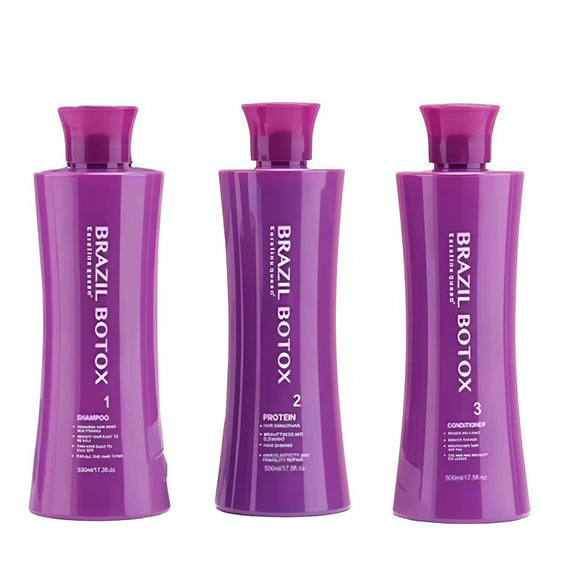 Keratine Queen Brazil Botox Professional 3-Piece Hair Treatment Kit, featuring Clarifying Shampoo, Smoothing Protein Treatment, and Deep Conditioner. Each bottle is 500ml. Barcode: 5060915676139