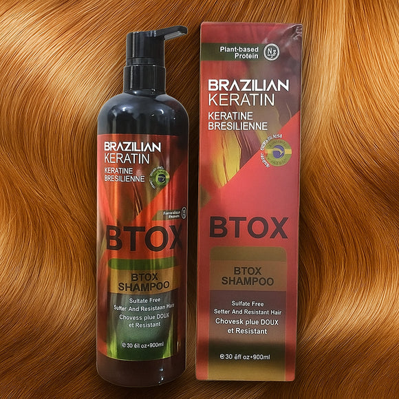Brazilian Keratin Btox Shampoo 900ml - Sulfate-free keratin shampoo for hair growth, strength and repair. Plant-protein enriched formula reduces breakage and adds volume. Barcode: 5286534586394