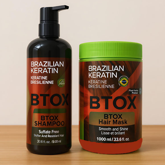 Brazilian Keratin Combo: Btox Shampoo 900ml (barcode: 5286534586394) + Hair Mask 1000ml (barcode: 5286534586400) - Sulfate-free keratin repair kit for frizzy, damaged hair. Includes strengthening shampoo and smoothing mask for salon-quality results at home