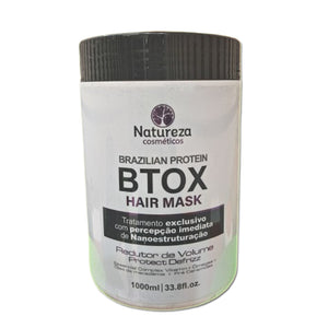 Natureza Cosmeticos Brazilian Protein Btox Hair Mask 1000ml with barcode 7898912644824. Professional-grade treatment for volume reduction, anti-frizz, and deep nourishment. Enriched with vitamins, omegas, macadamia oil, and pre-ceramides for healthy, smooth, and shiny hair. Ideal for all hair types, providing immediate nano-structuring effects