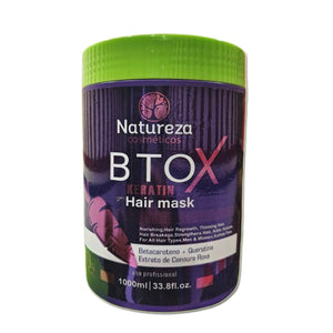 Natureza Cosmeticos BTOX Keratin Hair Mask 1000ml with barcode 7893590649963. Professional-use sulfate-free hair treatment enriched with Betacarotene, Keratin, and Purple Carrot Extract, designed to nourish, promote hair regrowth, reduce thinning, strengthen hair, and add volume for all hair types