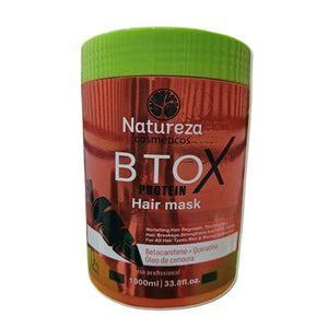 Natureza Cosmeticos BTOX Protein Hair Mask 1000ml with barcode 7898566823781. Professional-grade nourishing treatment enriched with Betacarotene, Keratin, and Carrot Oil. Ideal for hair regrowth, strengthening, adding volume, and reducing hair breakage. Suitable for all hair types, men and women. Sulfate-free formula for healthy, manageable hair