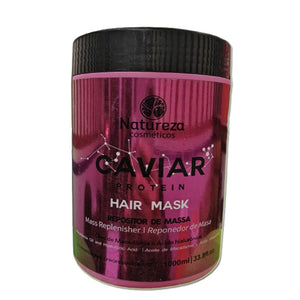 Natureza Cosmeticos Caviar Protein Hair Mask 1000ml with barcode 7898594742382. Mass replenisher enriched with Macadamia Oil and Hyaluronic Acid, designed for professional use to nourish, strengthen, and hydrate hair. Ideal for restoring dry, damaged hair with a smooth, soft finish.