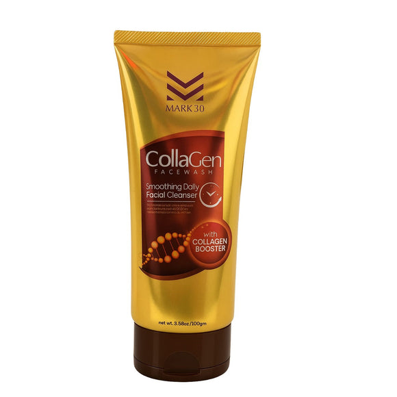 Mark 30 Collagen Face Wash 100g tube with anti-aging benefits, featuring collagen-infused formula for firmer, hydrated skin. Barcode: 7451787498932