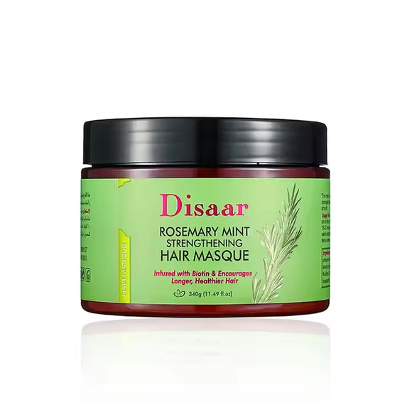 Disaar Rosemary Mint Strengthening Hair Masque 340g, nourishes and strengthens hair with biotin, rosemary, and mint for longer, healthier hair. Reduces breakage and frizz for smooth, manageable results. Available at Harram Store. Barcode: 6932511234954