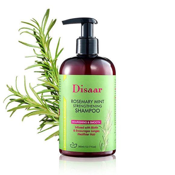 Disaar Rosemary Mint Strengthening Shampoo 360ml bottle, infused with biotin for longer, healthier hair. Nourishing and smoothing formula with refreshing rosemary and mint scent, perfect for strengthening and promoting hair growth. Available at Harram Store.

Barcode: 6932511234930