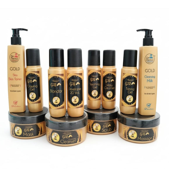 Dr. Derma Gold Facial 12-Piece Medium Set, featuring a complete professional collection of gold-infused skincare. The set includes large 300ml tubs of Gold Mask, Cleanser, Scrub, and Massage, alongside bottles of Gold Skin Toner, Cleansing Milk, Glowing Gel, Blonder, Developer 20 Vol, and Soothing Gel for comprehensive facial treatment