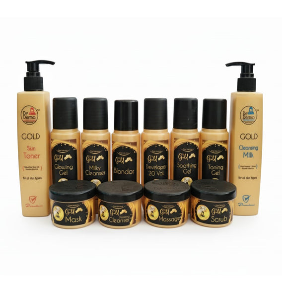 Dr. Derma Gold Facial 12-Piece Small Set displayed in two rows, featuring large bottles of Gold Skin Toner and Cleansing Milk, surrounded by smaller black and gold bottles of Gold Scrub, Mask, Cleanser, Glowing Gel, Blonder, Developer, and Toning Gel. Complete professional facial kit