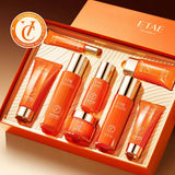 ETAE Vitamin C Niacinamide Moisturizing Renewal 8-piece skincare gift set in premium orange and white packaging. The set includes Cleansing Milk, Essence Water, Firming Essence, Burning Essence, Moisturizing Cream, Tone-Up Cream, Eye Cream, and a Sleeping Mask for a complete glass-skin routine. Barcode: 6942017805336. 100% authentic professional facial kit available at Harram Store.