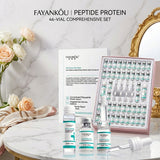 Fayankou Peptide Protein Anti-Wrinkle and Brightening Freeze-Dried Powder Kit, an advanced professional skincare treatment. The kit contains 22 vials of Peptide Protein Freeze-Dried Powder (50mg each), 22 vials of Anti-Wrinkle Solution Efficacy (3ml each), and 2 bottles of Polypeptide Protein Anti-Wrinkle Essence (10ml each). High-tech lifting formula for wrinkles. Barcode: 6974772948577. Authentic luxury skincare available at Harram Store