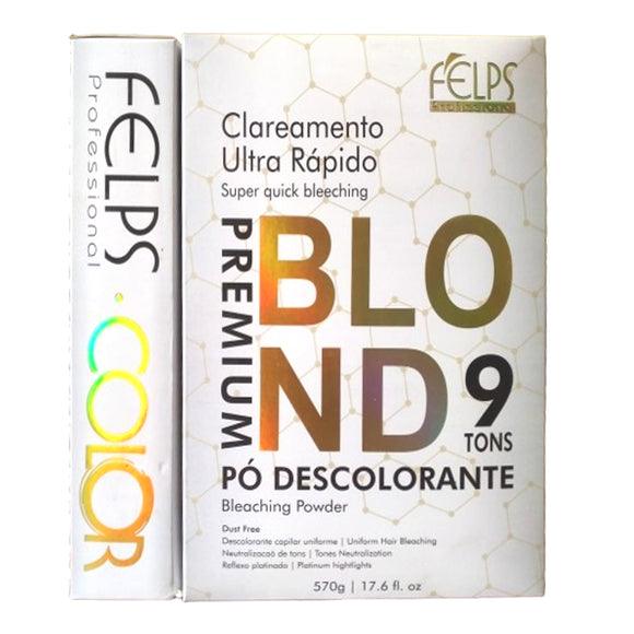 Felps Blond 9 Premium Bleaching Powder container with professional-grade labeling, offering up to 9 levels of lightening for hair. Ideal for all hair types, this product ensures smooth, consistent results while preserving hair health. Barcode: 789869792075