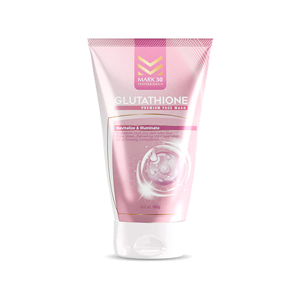 Mark 30 Glutathione Face Wash 100g tube with brightening formula for glowing skin – reduces dark spots, controls oil, and prevents acne. Dermatologist-recommended for all skin types