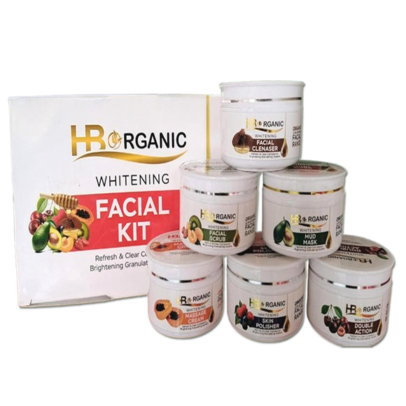 HB Organic 6-Step Whitening Facial Kit with cleanser, scrub, serum, cream, mask and polisher for complete skin brightening treatment. Barcode: 3467067876516