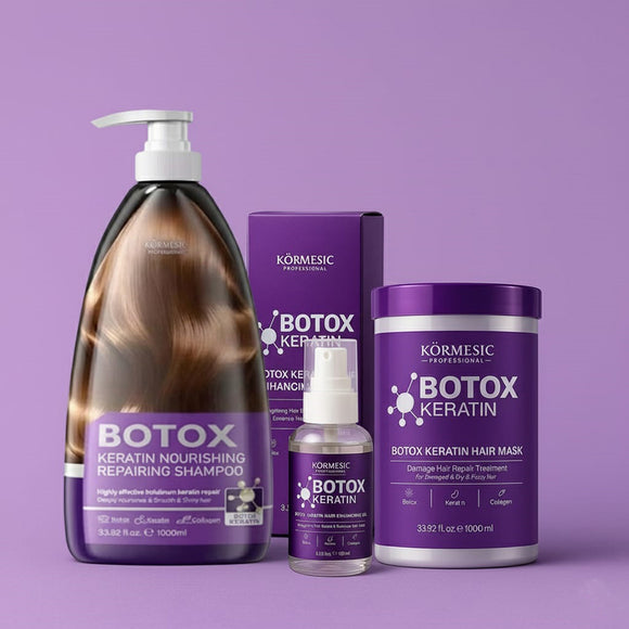 A Kormesic Professional Botox Keratin 3-step hair care bundle arranged on a purple background. From left to right: a large 1000ml purple pump bottle of Nourishing Repairing Shampoo with an image of brown hair on the label; a small 100ml spray bottle of Hair Enhancing Oil inside its box; and a large 1000ml tub of Botox Keratin Hair Mask. All products feature 'Botox Keratin' branding with icons for Botox, Keratin, and Collagen