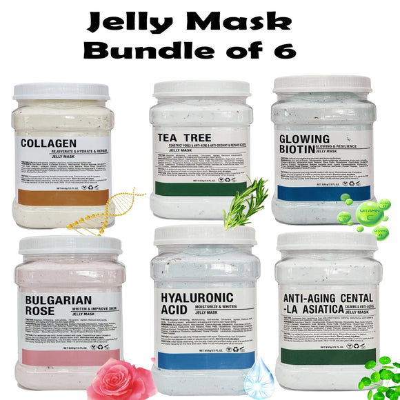 Bundle of 6 Facial Jelly Mask (Glowing Biotin, Tea Tree, Hyaluronic Acid, Collagen, Bulgarian Rose, Anti-Aging) 650g