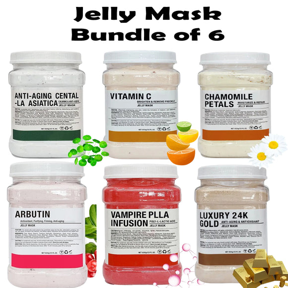 Bundle of 6 Facial Jelly Mask (Vitamin C, Chamomile, Arbutin, Luxury Gold, Vampire Plla, Anti-Aging) 650g