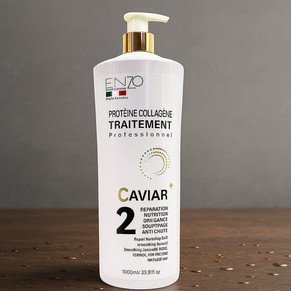 Enzo Professional Caviar Protein Collagen Treatment (1000ml) – Italian keratin repair hair mask in luxury bottle with gold accents, for frizz-free shine, smoothing, and anti-hair fall. Barcode: 8005682187232