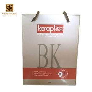 BK Keraplex Bond Enforcing Premium Lightener 9+ Bleaching Powder 450g, professional dust-free formula, ideal for achieving high lift blonde results while protecting hair bonds. Suitable for all lightening techniques. Barcode: 5060907721618