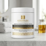 Bk Keraplex Keratin Essence & Organic Biotin Repairing Hair Mask 500ml front product jar presentation as seen in 'Keraplex Organic Biotin Mask.jpg'. The modern white tub packaging showcases the anti-breakage, smooth, and nourishing deep treatment formula powered by 93% pure collagen essence and plant keratin complex, exclusively available at Harram Store. Barcode: 5060907722028